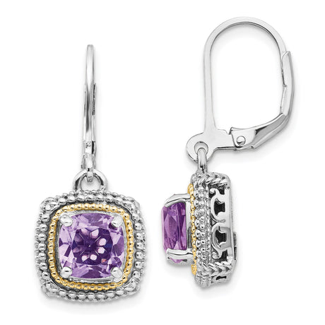 14k Yellow Gold and Sterling Silver Dangle Earrings with Amethyst, Vintage Inspired Design