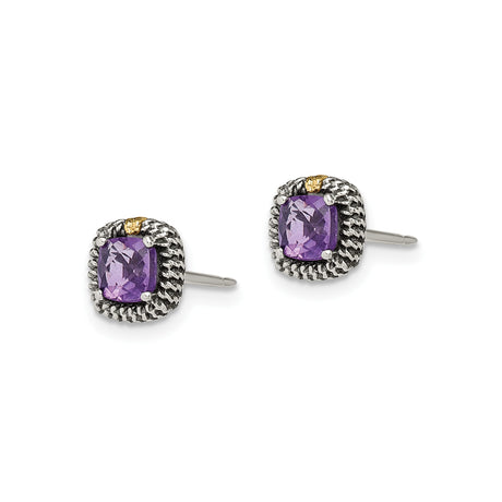 14k Yellow Gold and Sterling Silver Amethyst Stud Earrings, Cushion Cut with Rope Frame