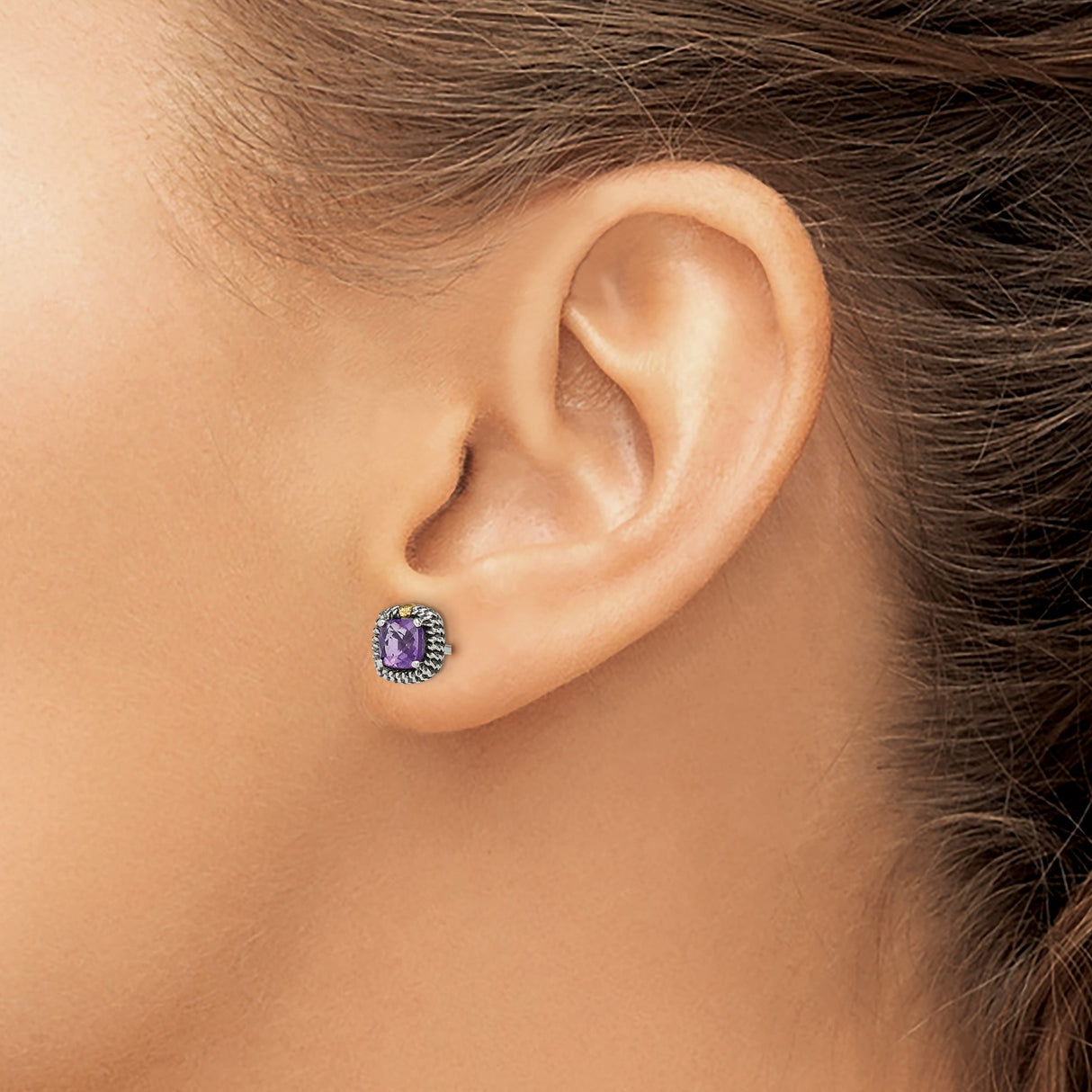 14k Yellow Gold and Sterling Silver Amethyst Stud Earrings, Cushion Cut with Rope Frame