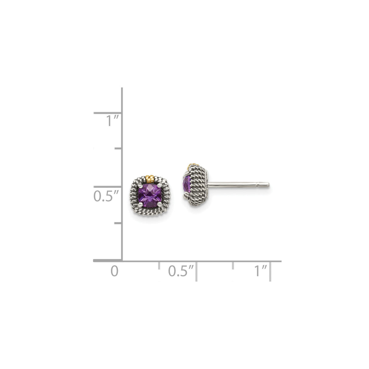 14k Yellow Gold and Sterling Silver Amethyst Stud Earrings, Cushion Cut with Rope Frame