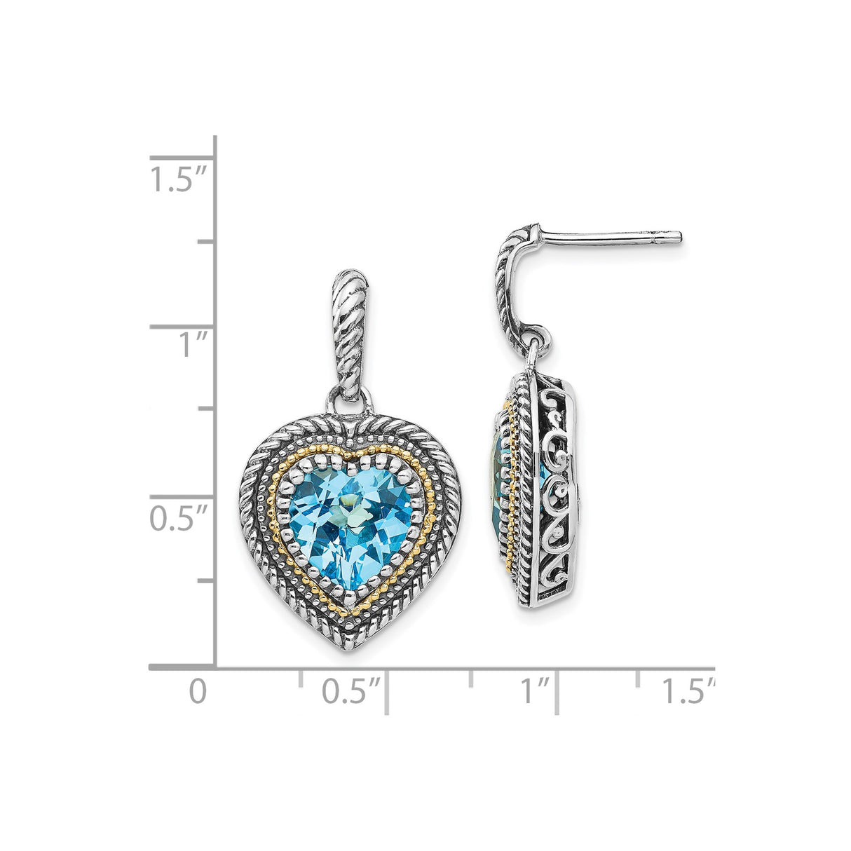14k Yellow Gold and Sterling Silver Heart Dangle Earrings with Swiss Blue Topaz and Scrollwork