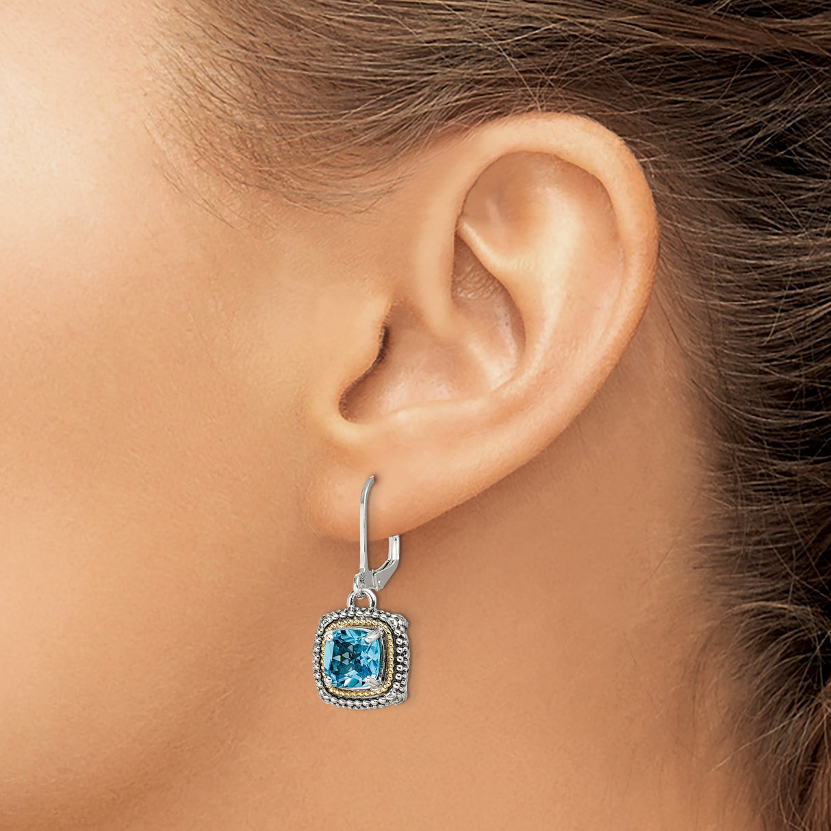 14k Two-Tone Gold and Sterling Silver Dangle Earrings with Blue Topaz, Vintage Beaded Design