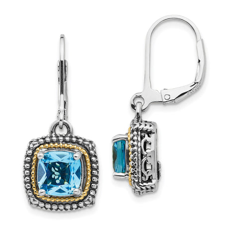 14k Two-Tone Gold and Sterling Silver Dangle Earrings with Blue Topaz, Vintage Beaded Design