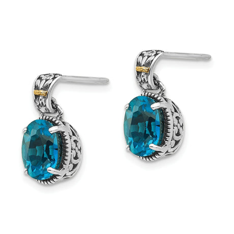 14k Yellow Gold Drop Earrings with London Blue Topaz, Vintage Floral Scroll Design