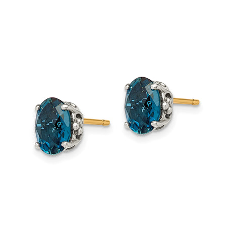 14k Yellow Gold and Sterling Silver Stud Earrings with London Blue Topaz, Floral Crown Setting
