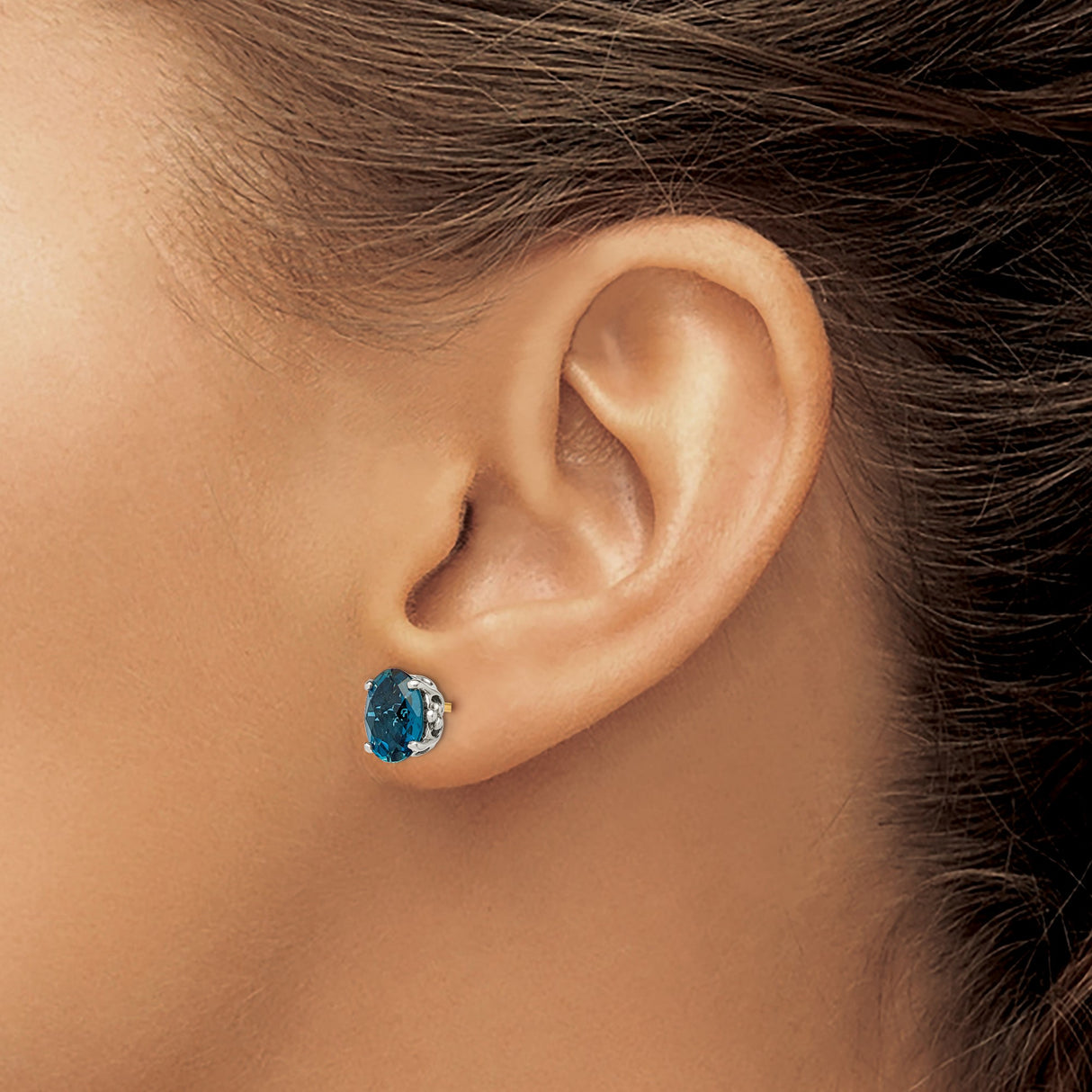 14k Yellow Gold and Sterling Silver Stud Earrings with London Blue Topaz, Floral Crown Setting