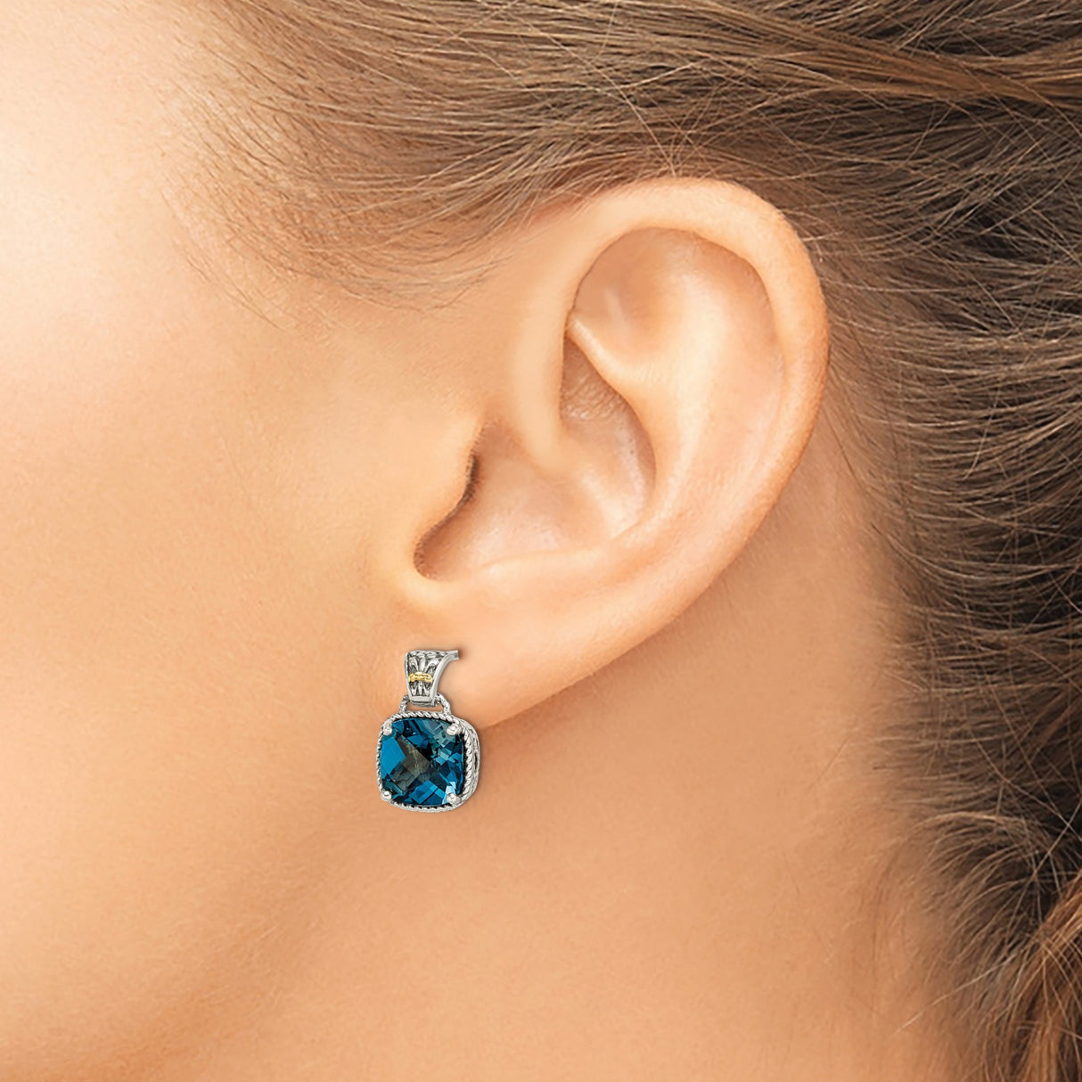 14k Yellow Gold Dangle Earrings with London Blue Topaz, Heart Filigree, Vintage Style