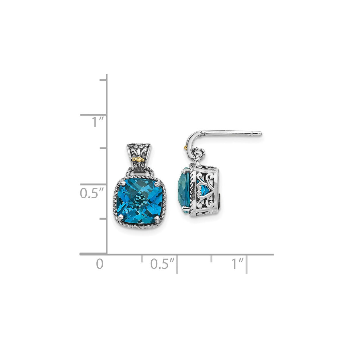 14k Yellow Gold Dangle Earrings with London Blue Topaz, Heart Filigree, Vintage Style