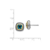 14k Two-Tone Yellow Gold Stud Earrings with London Blue Topaz, Vintage Inspired Border