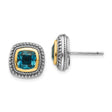 14k Yellow Gold and Sterling Silver Stud Earrings with London Blue Topaz, Vintage Inspired Border