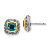 14k Yellow Gold and Sterling Silver Stud Earrings with London Blue Topaz, Vintage Inspired Border