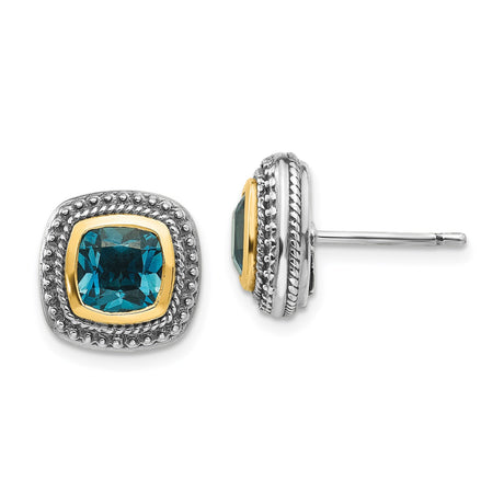 14k Yellow Gold and Sterling Silver Stud Earrings with London Blue Topaz, Vintage Inspired Border