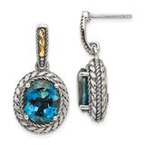 14k Yellow Gold Dangle Earrings with London Blue Topaz, Two-Tone Drop, Rope Detail