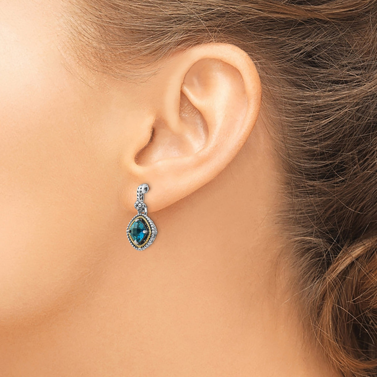 14k Yellow Gold Dangle Earrings with London Blue Topaz, Vintage Rope and Bead Design