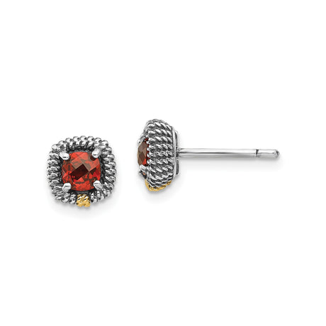 14k Yellow Gold and Sterling Silver Stud Earrings with Garnet, Twisted Rope Vintage Design