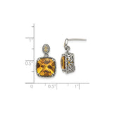 14k Yellow Gold Earrings with Cushion Cut Citrine, Rope Detail, Filigree and Cross Motif