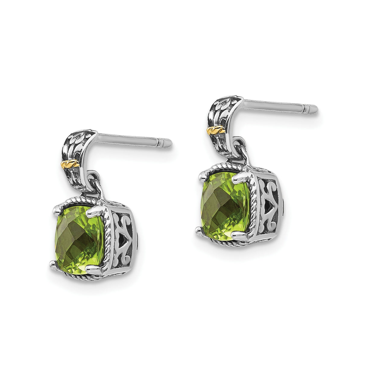 14k Yellow Gold and Sterling Silver Dangle Earrings with Peridot, Filigree Heart and Rope Accents