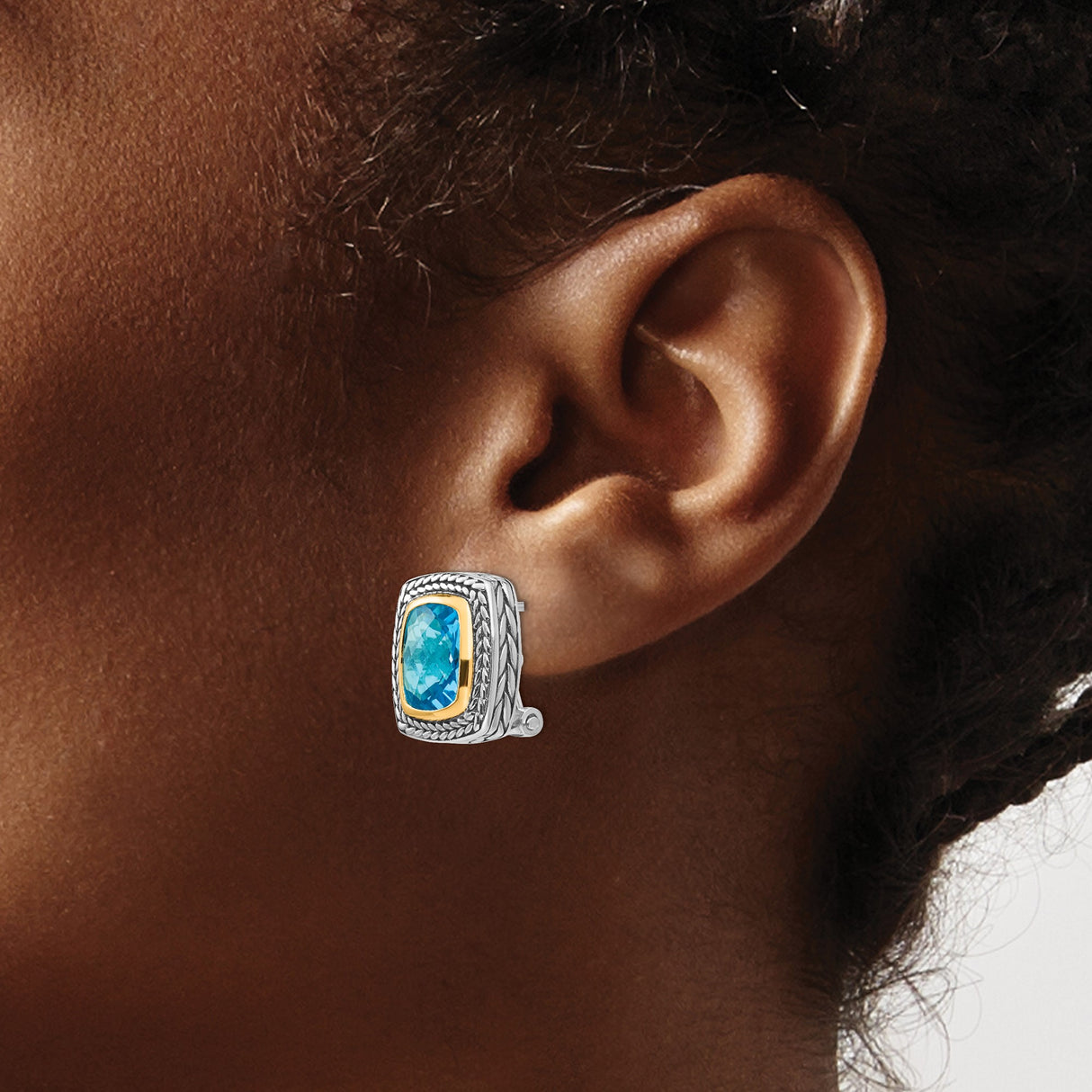 14k Yellow Gold Two Tone Stud Earrings with Cushion Cut Swiss Blue Topaz, Woven Rope Design