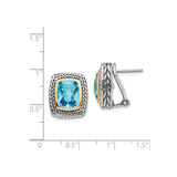 14k Yellow Gold Two Tone Stud Earrings with Cushion Cut Swiss Blue Topaz, Woven Rope Design