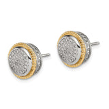 14k Two-Tone Yellow Gold Stud Earrings, Textured Dome with Rope Edge
