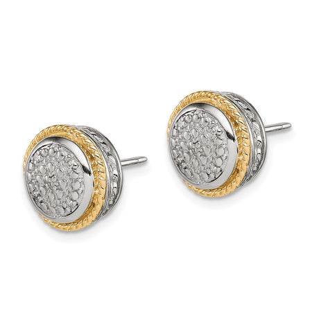 14k Two-Tone Yellow Gold Stud Earrings, Textured Dome with Rope Edge