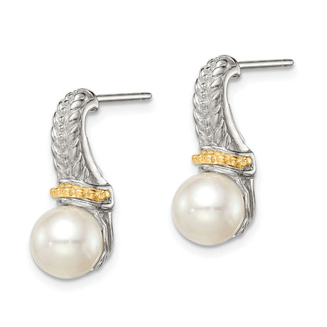14k Two-Tone Yellow Gold Pearl Drop Earrings, Vintage Inspired Design