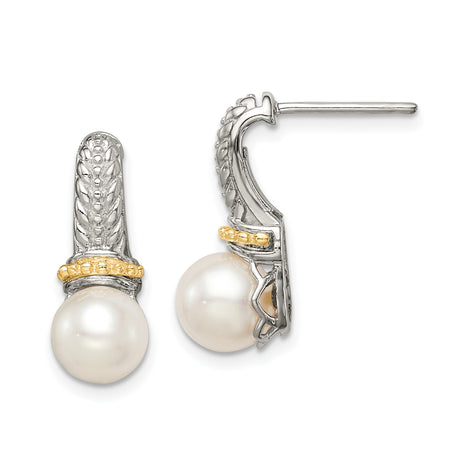 14k Yellow Gold and Sterling Silver Pearl Drop Earrings, Vintage Inspired Design
