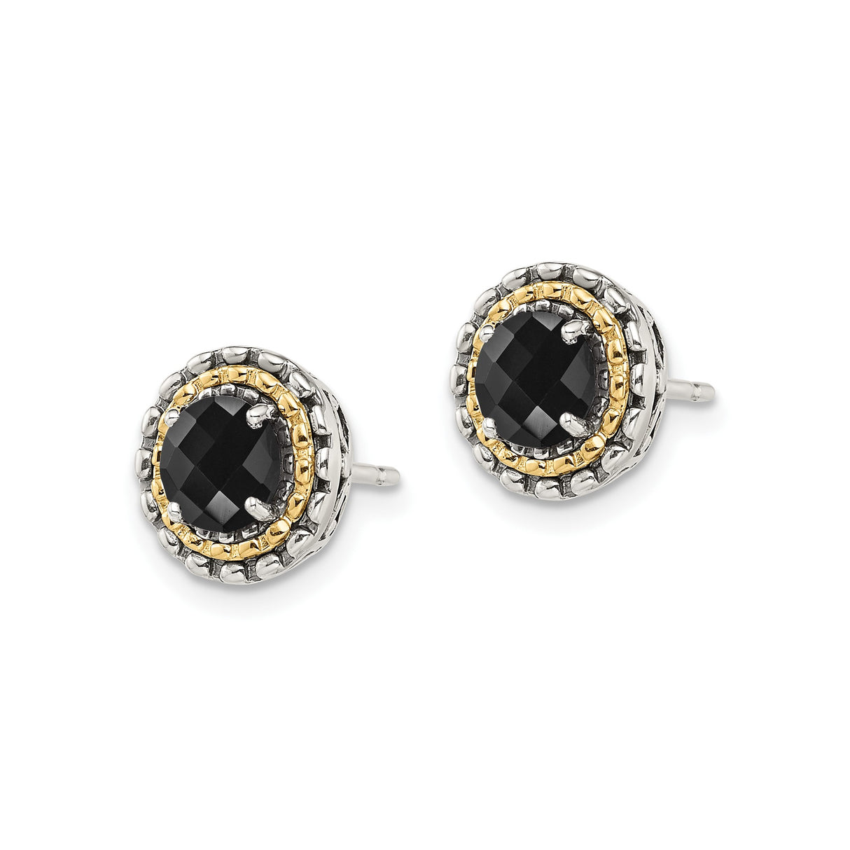 14k Two-Tone Yellow Gold Stud Earrings with Faceted Onyx, Rope Border, Celtic Knot Detail