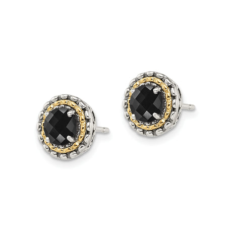 14k Two-Tone Yellow Gold Stud Earrings with Faceted Onyx, Rope Border, Celtic Knot Detail
