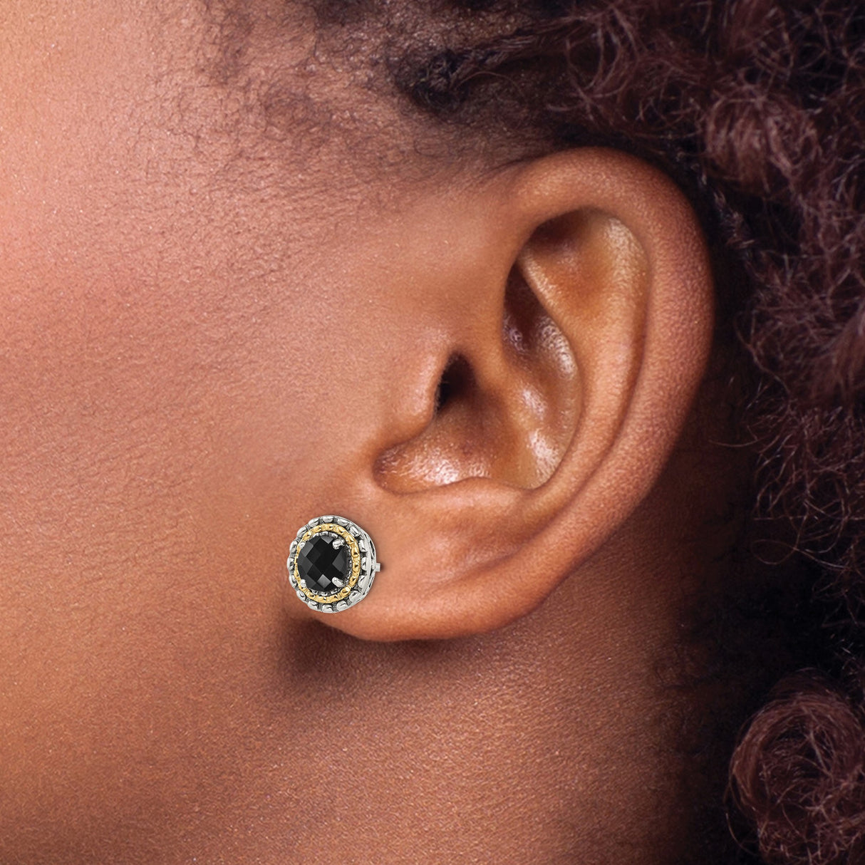 14k Two-Tone Yellow Gold Stud Earrings with Faceted Onyx, Rope Border, Celtic Knot Detail