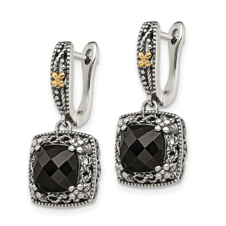 14k Two-Tone Yellow Gold Dangle Earrings with Onyx, Floral and Rope Detail, Vintage Style