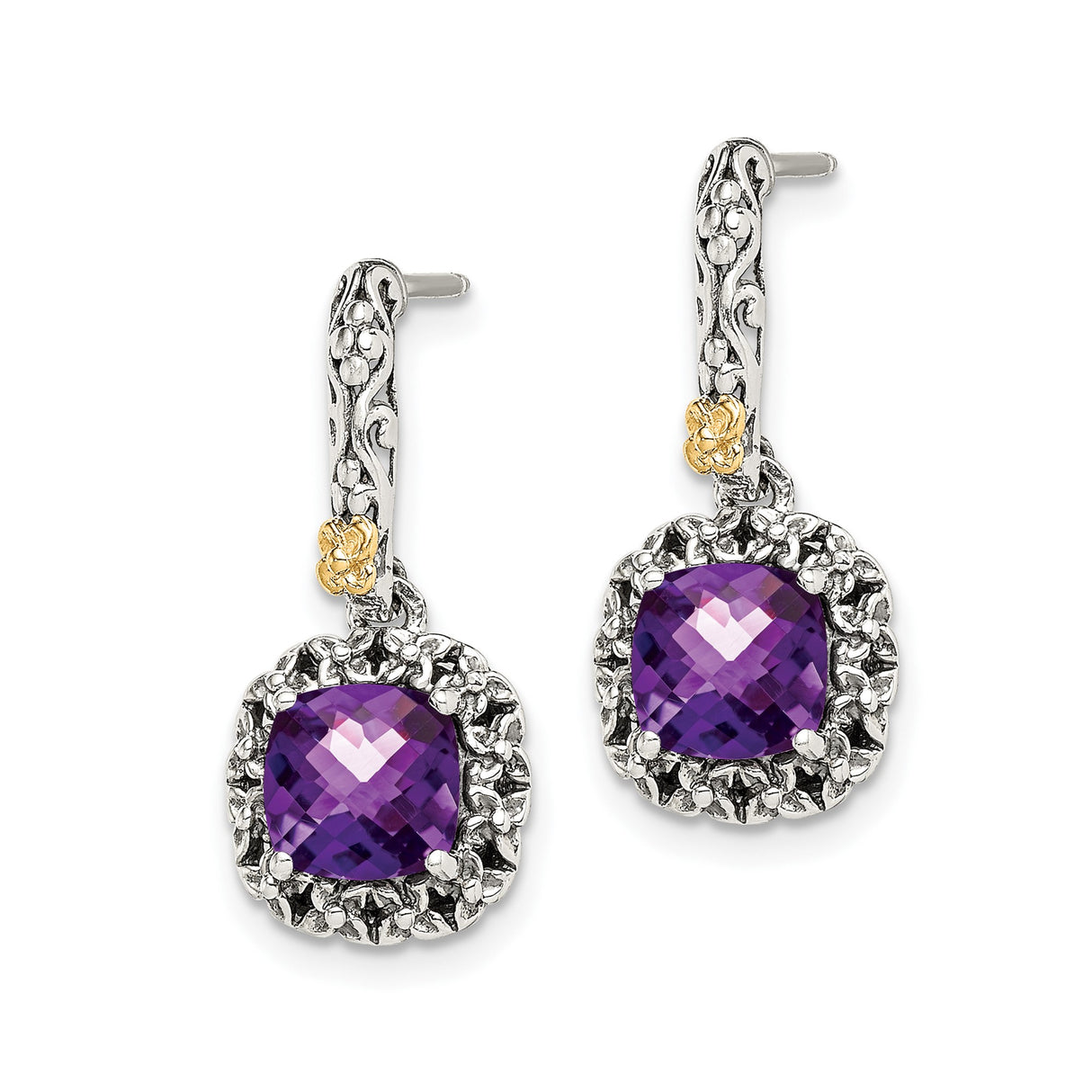 14k Yellow Gold and Sterling Silver Drop Earrings with Amethyst, Floral Vine Design
