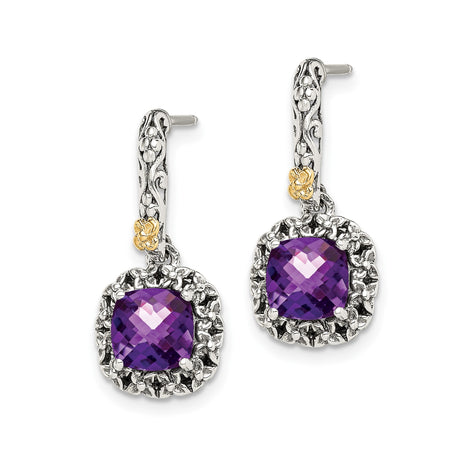 14k Yellow Gold and Sterling Silver Drop Earrings with Amethyst, Floral Vine Design
