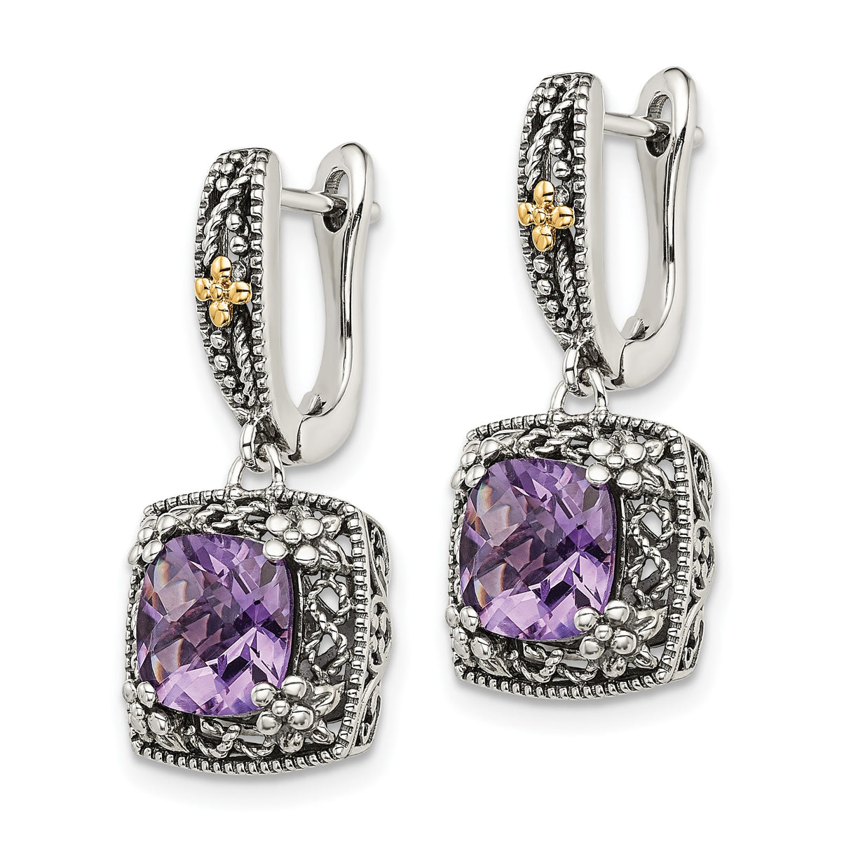 14k Yellow Gold Dangle Earrings with Amethyst, Silver Scrollwork, Vintage Artisan Style