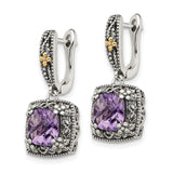 14k Yellow Gold Dangle Earrings with Amethyst, Silver Scrollwork, Vintage Artisan Style