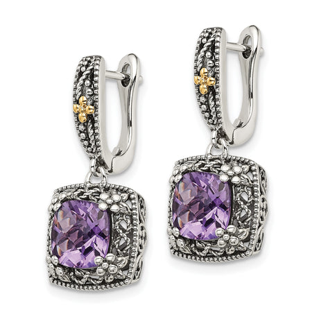 14k Yellow Gold Dangle Earrings with Amethyst, Silver Scrollwork, Vintage Artisan Style