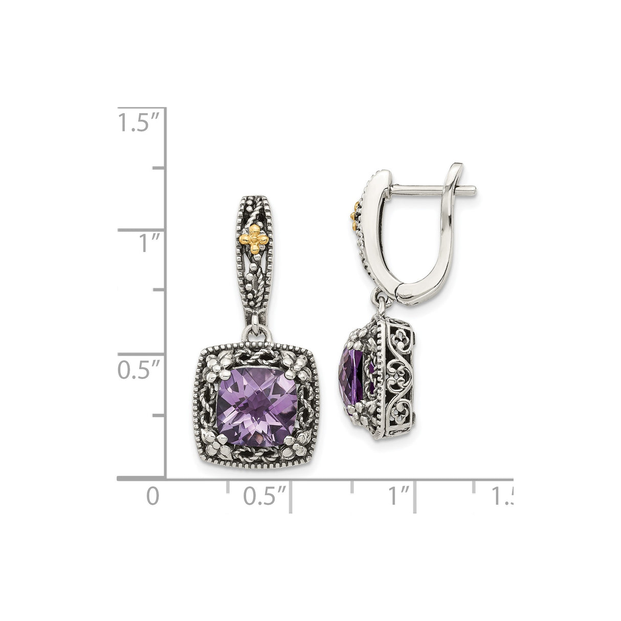 14k Yellow Gold Dangle Earrings with Amethyst, Silver Scrollwork, Vintage Artisan Style