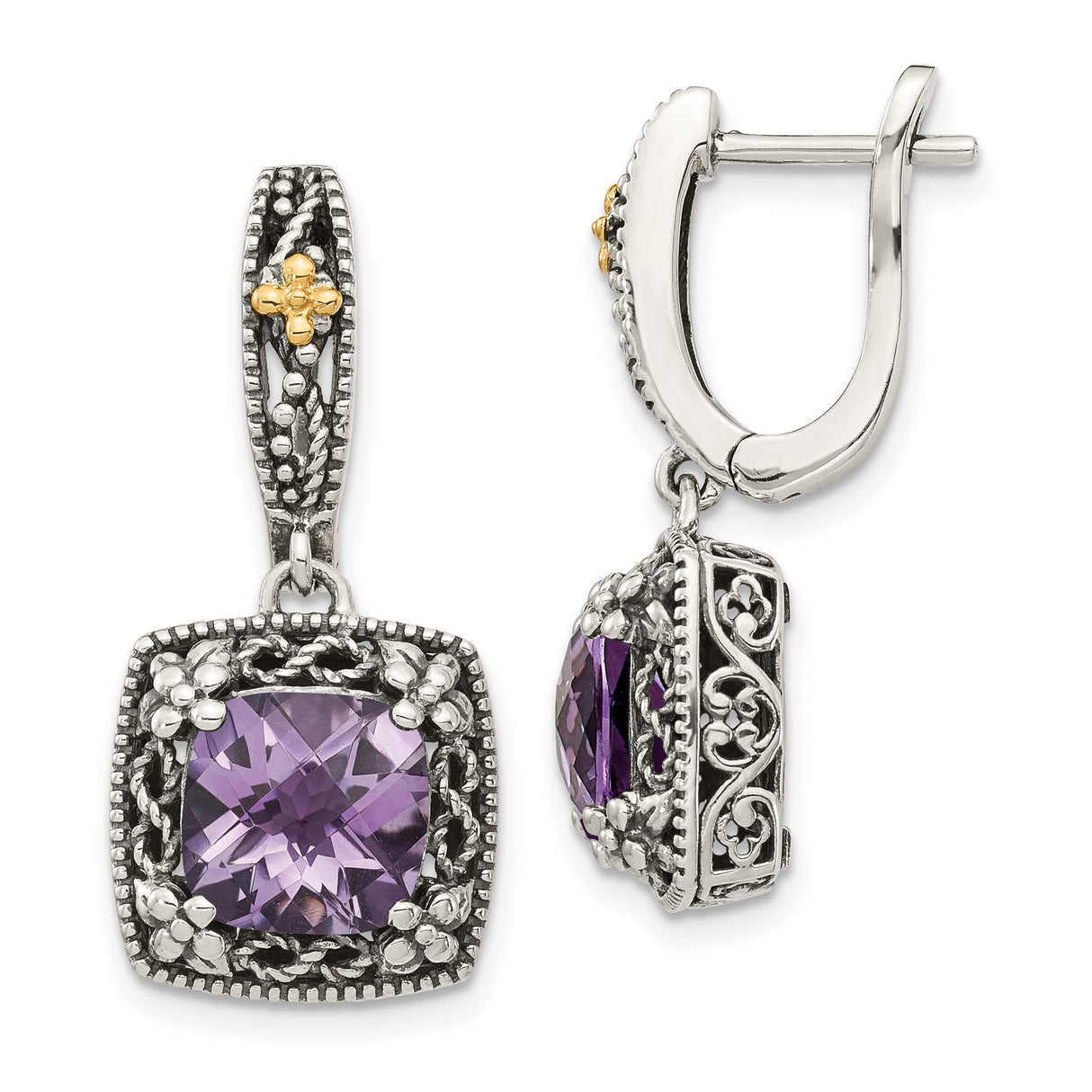 14k Yellow Gold Dangle Earrings with Amethyst, Silver Scrollwork, Vintage Artisan Style