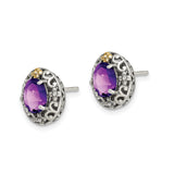 Sterling Silver Oval Stud Earrings with Amethyst, 14k Gold Accents, Vintage Filigree Design