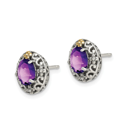 Sterling Silver Oval Stud Earrings with Amethyst, 14k Gold Accents, Vintage Filigree Design