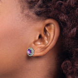 Sterling Silver Oval Stud Earrings with Amethyst, 14k Gold Accents, Vintage Filigree Design