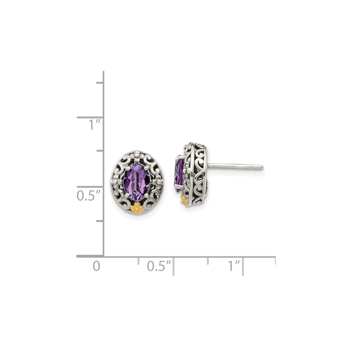 Sterling Silver Oval Stud Earrings with Amethyst, 14k Gold Accents, Vintage Filigree Design
