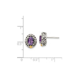 Sterling Silver Oval Stud Earrings with Amethyst, 14k Gold Accents, Vintage Filigree Design