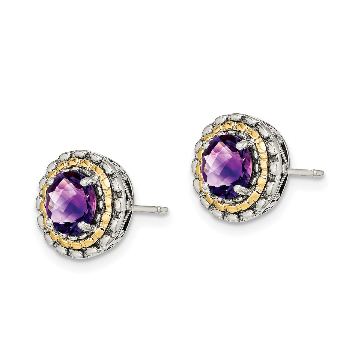14k Yellow Gold Amethyst Stud Earrings with Sterling Silver Filigree and Rope Detail