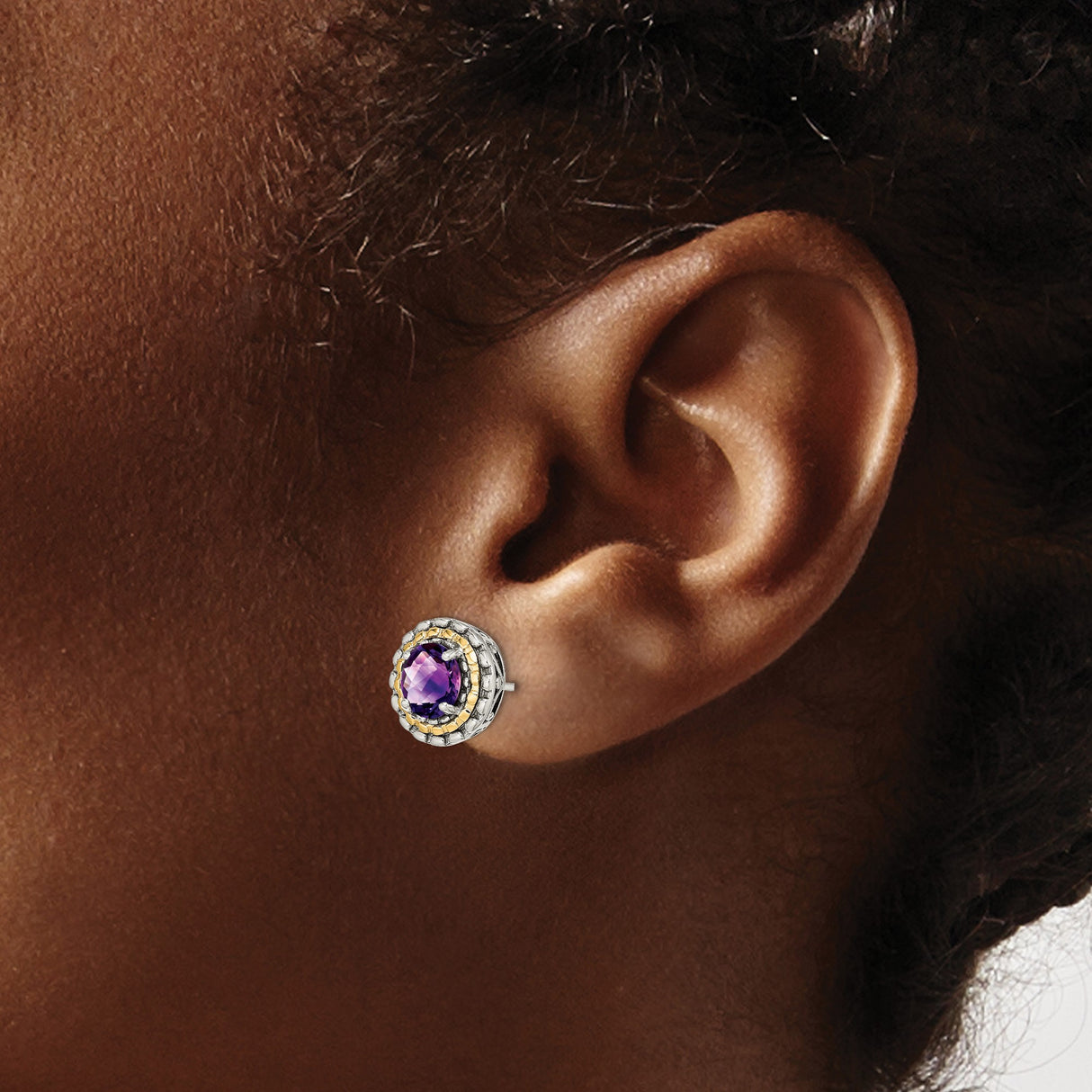 14k Yellow Gold Amethyst Stud Earrings with Sterling Silver Filigree and Rope Detail