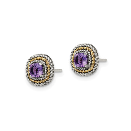 14k Yellow Gold and Sterling Silver Stud Earrings with Cushion Cut Amethyst, Twisted Rope Detail