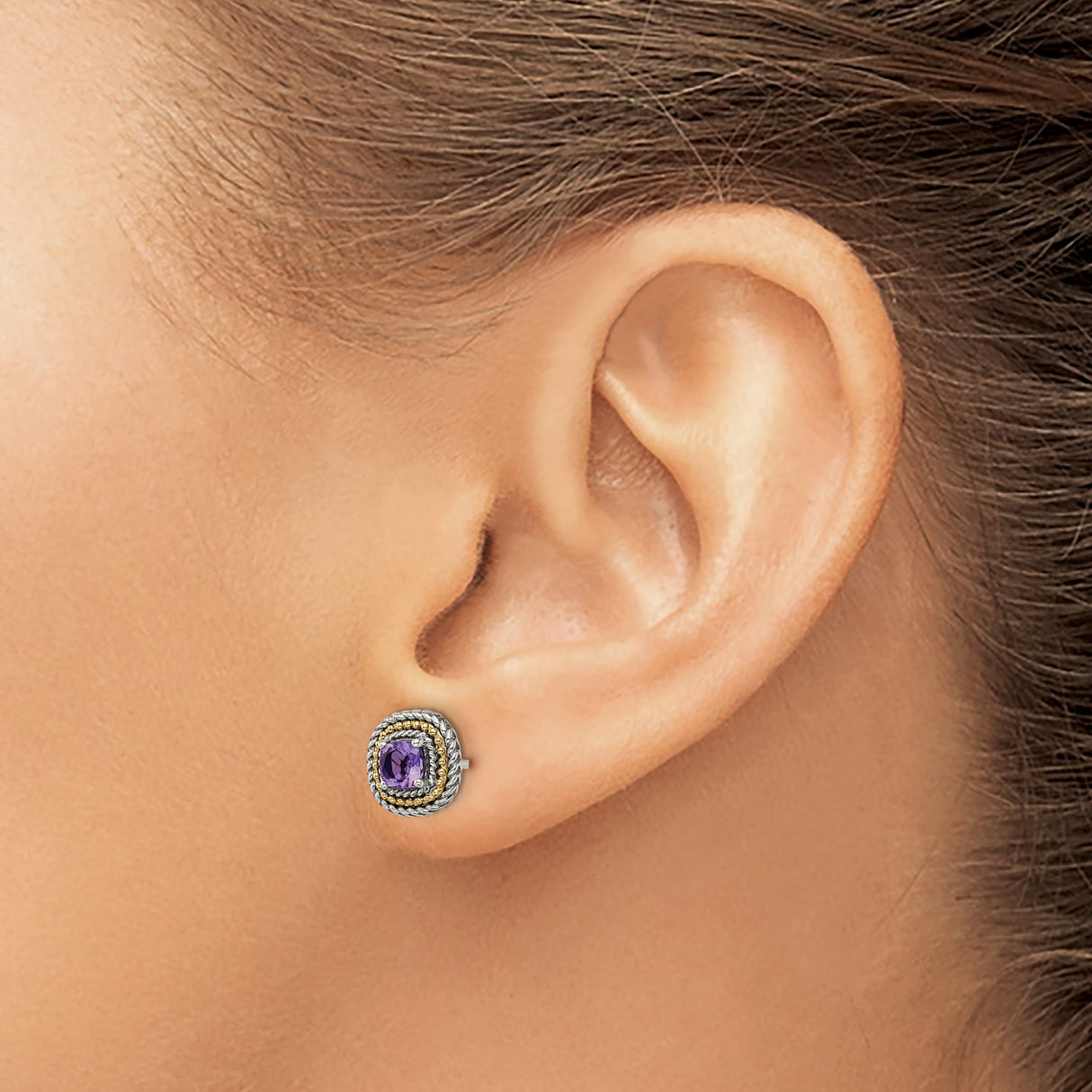 14k Yellow Gold and Sterling Silver Stud Earrings with Cushion Cut Amethyst, Twisted Rope Detail