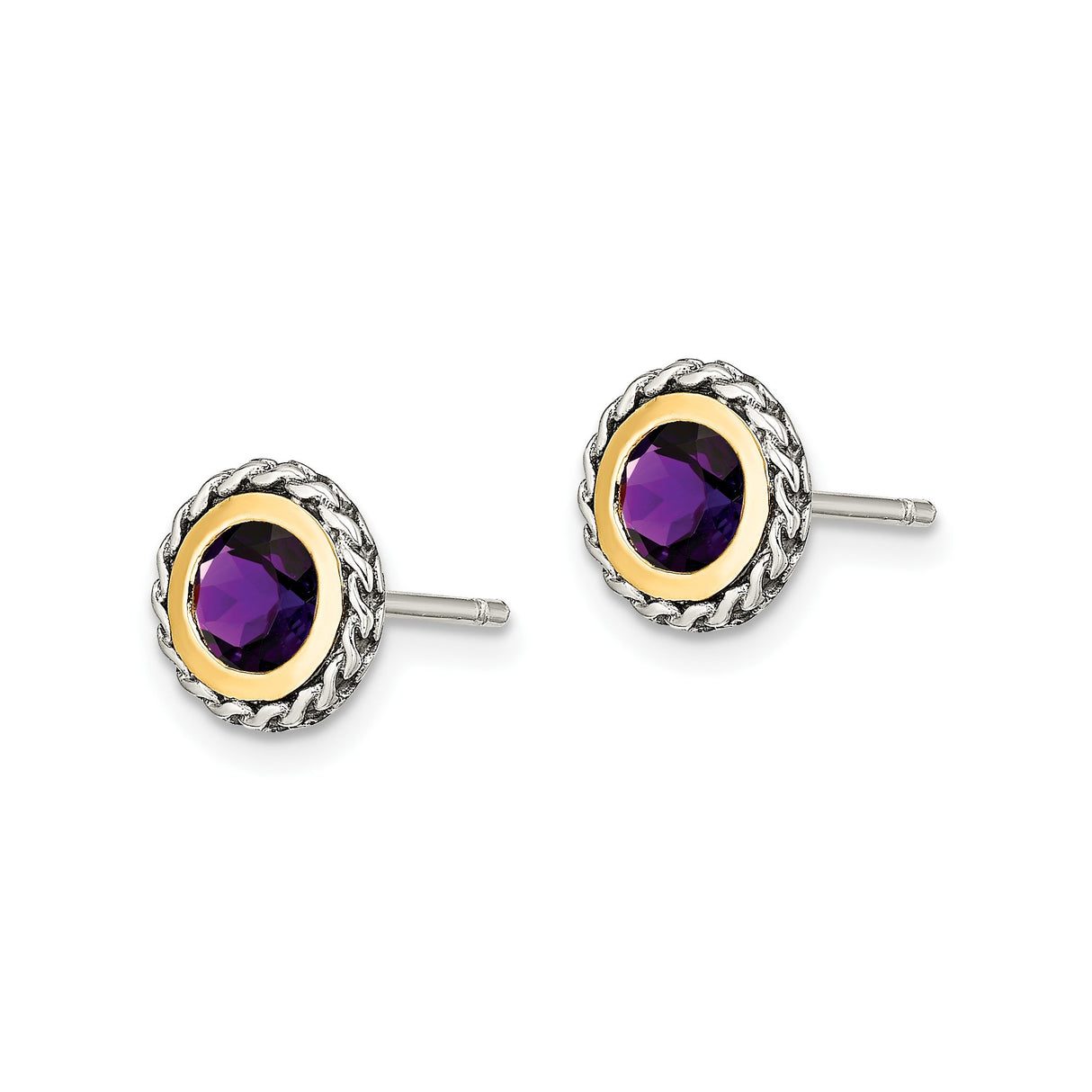 14k Two-Tone Gold Stud Earrings with Round Amethyst in Rope Bezel Setting, Vintage Style