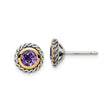 14k Two-Tone Gold Stud Earrings with Round Amethyst in Rope Bezel Setting, Vintage Style