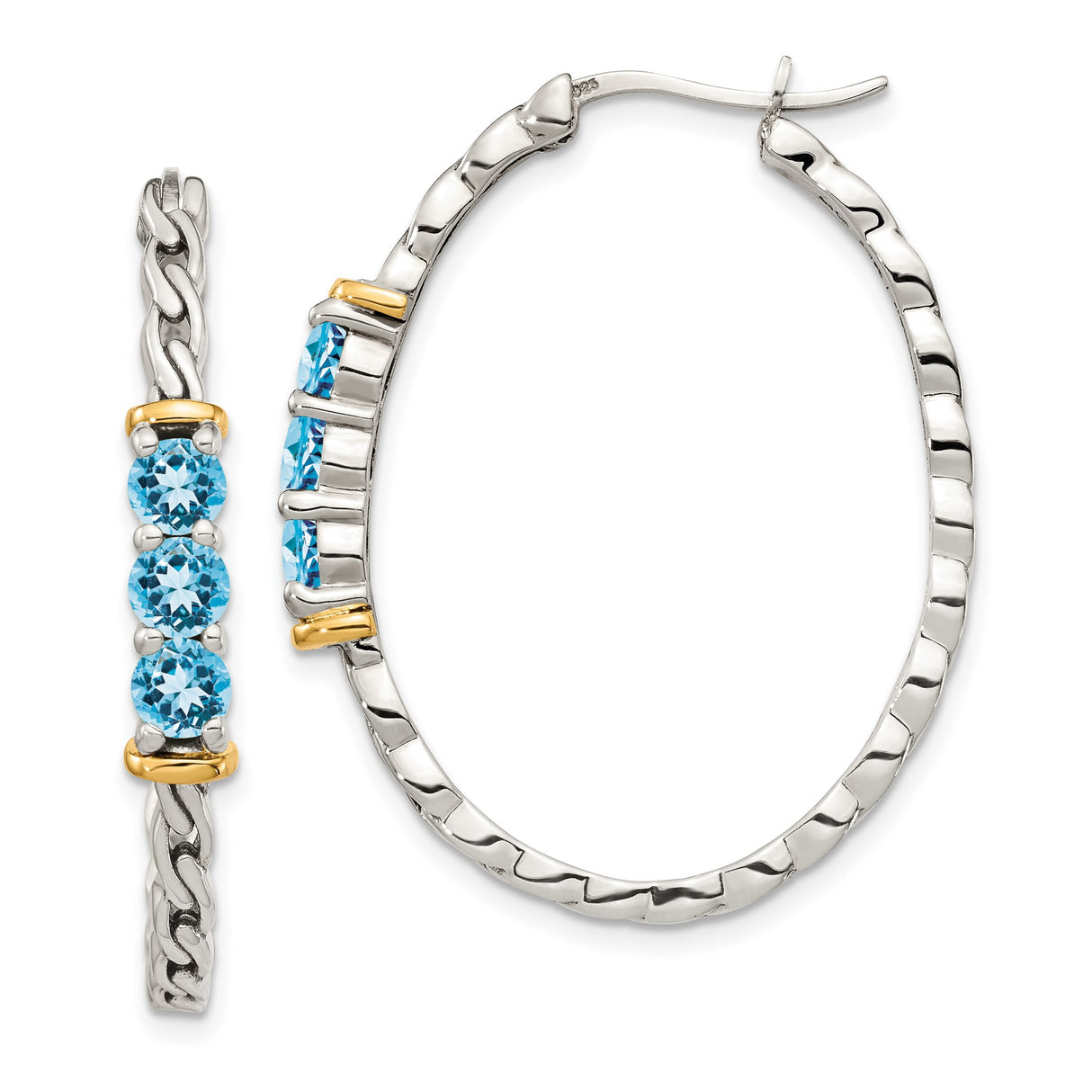 Sterling Silver Two-Tone Hoop Earrings with Blue Topaz and 14k Yellow Gold Accents, Braided Design